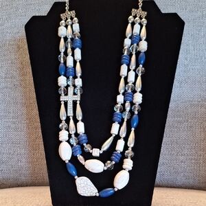 Blue, White, & Silver Beaded Necklace With A Beautiful Rhinestone Cross